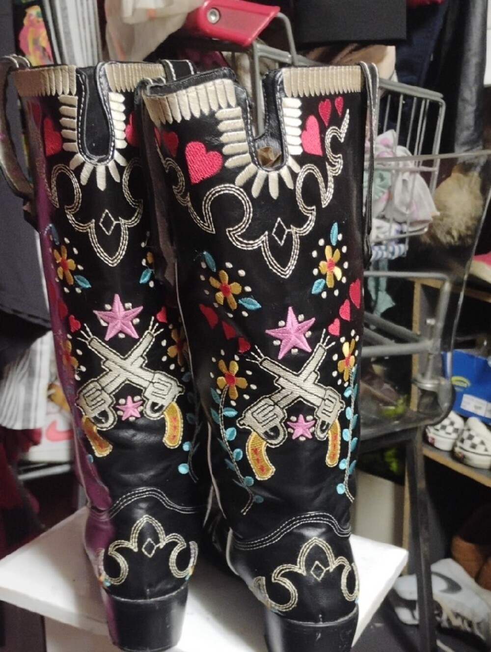 Embroidered Black Western Knee-High Boots with Colorful Floral & Gun Motif - Picture 3 of 8
